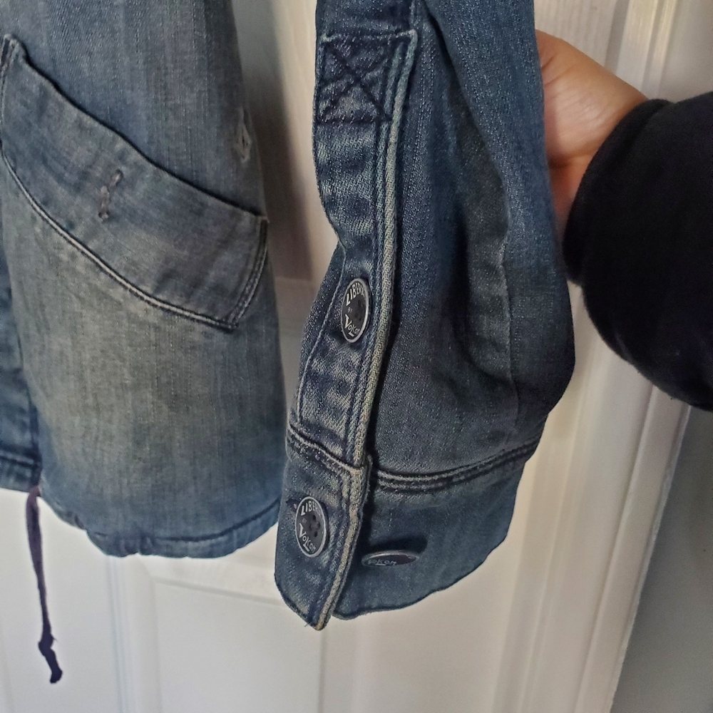 Vintage Volcom Denim Flannel Jacket Full Zip + Button Hooded Heavyweight Size 32 - Picture 6 of 16